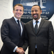 President of France Emmanuel Macron (L) and the Prime Minister of Ethiopia Abiy Ahmed (R) shake hands as they pose for photographers during their meeting at the premier's office in Addis Ababa, Ethiopia, 12 March 2019. Macron is in the country after visiting Djibouti during his four-day tour of the East African countries that will also take him to Kenya the following day. His first visit to the region aims to strengthen bilateral relationships with non-Francophone African nations. French President Emmanuel Macron visits Ethiopia, Addis Ababa - 12 Mar 2019